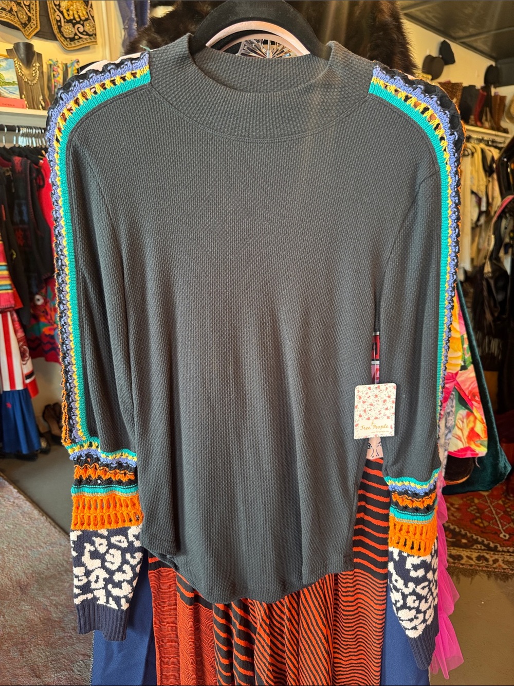 Free People Black Textured Sweater with Multicolor Crochet Trim